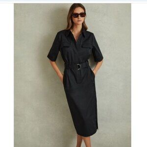 NWT New REISS Aimee Black Stretch Cotton Blend Midi Shirt Dress - fits sz 6 8